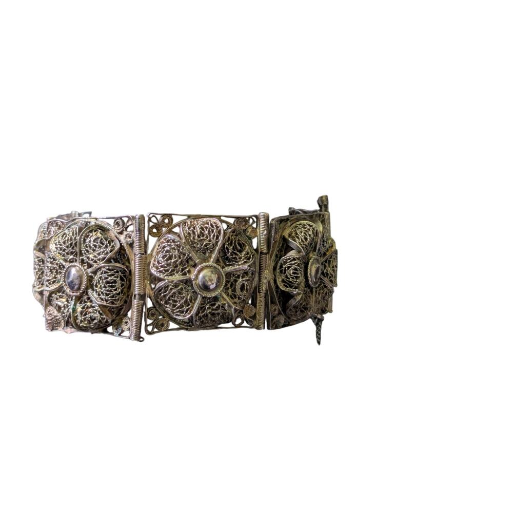 Vintage Peruvian Cannetille Silver Panel Link Bracelet